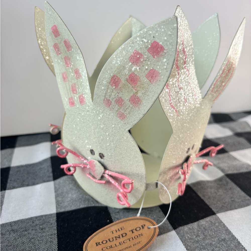 RARE Round Top Collection Metal Glittery Bunny Candle Holder Easter Basket